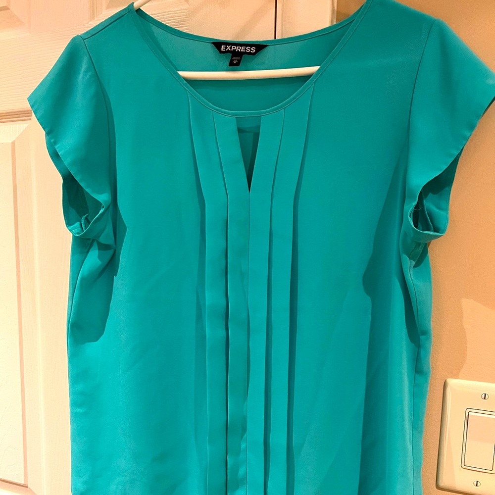 Express Medium Seafoam Work/Dress Shirt with Ruffle/Pleat Details Short Sleeve